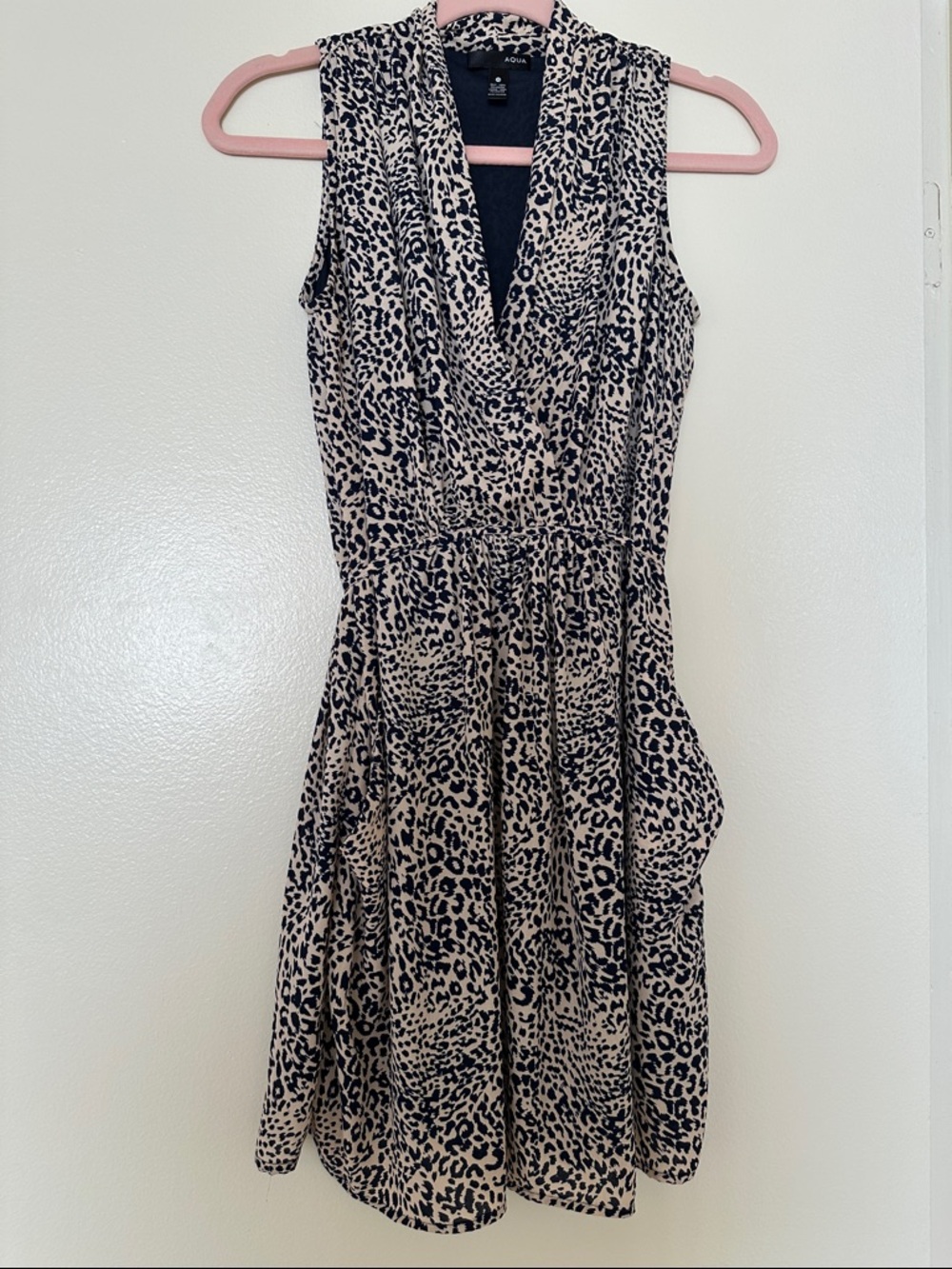 Aqua Beige and Navy Sleeveless Leopard-Print Mini Dress
